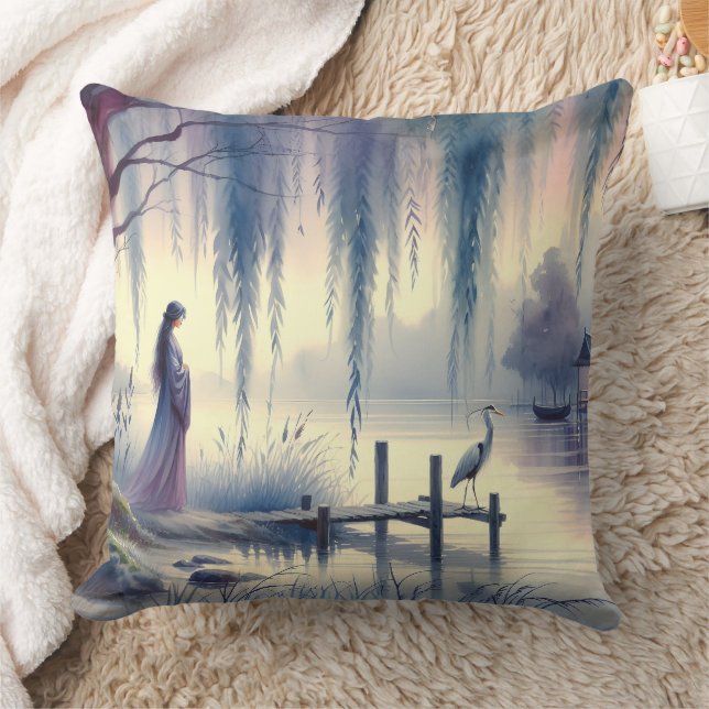 Serene Fantasy Lake met Willow en Heron Kussen (Deken)