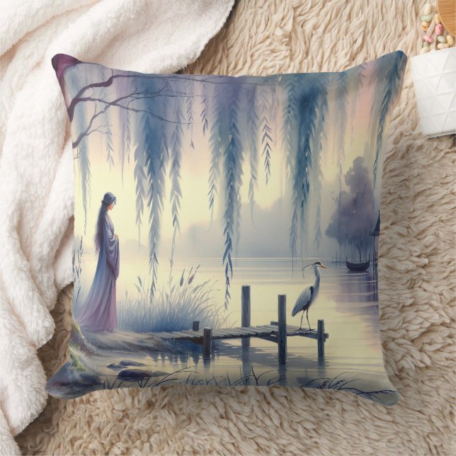 Serene Fantasy Lake met Willow en Heron Kussen (Deken)