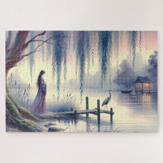 Serene Fantasy Lake met Willow en Heron Legpuzzel (Horizontaal)