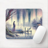 Serene Fantasy Lake met Willow en Heron Muismat (Met muis)