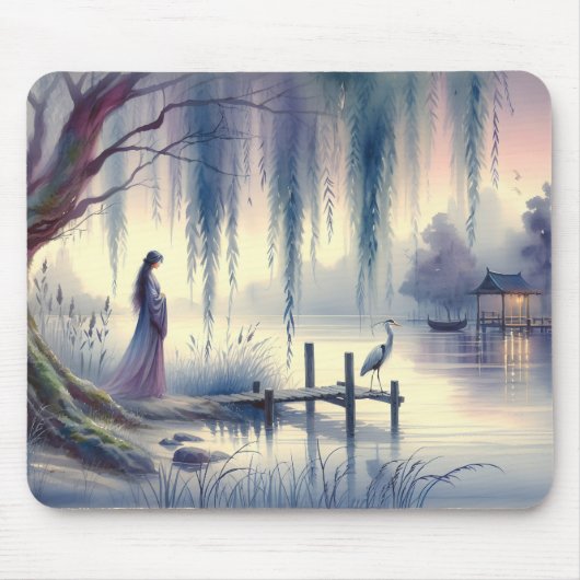 Serene Fantasy Lake met Willow en Heron Muismat (Voorkant)