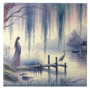 Serene Fantasy Lake met Willow en Heron Tegeltje
