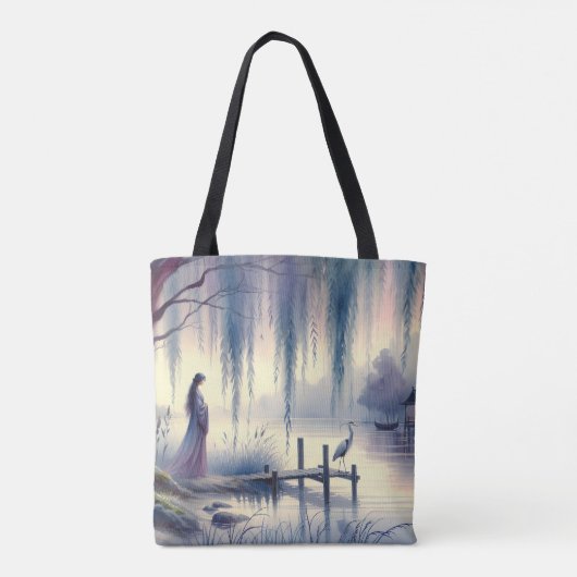 Serene Fantasy Lake met Willow en Heron Tote Bag (Achterkant)