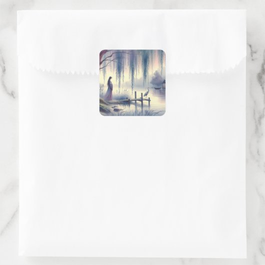 Serene Fantasy Lake met Willow en Heron Vierkante Sticker (Tas)