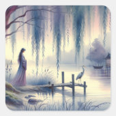 Serene Fantasy Lake met Willow en Heron Vierkante Sticker (Voorkant)
