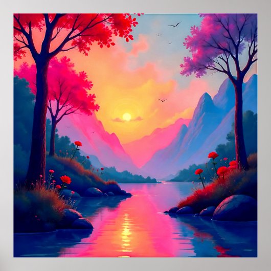 Serene Fantasy Sunset River Mountain Landscape Poster (Voorkant)