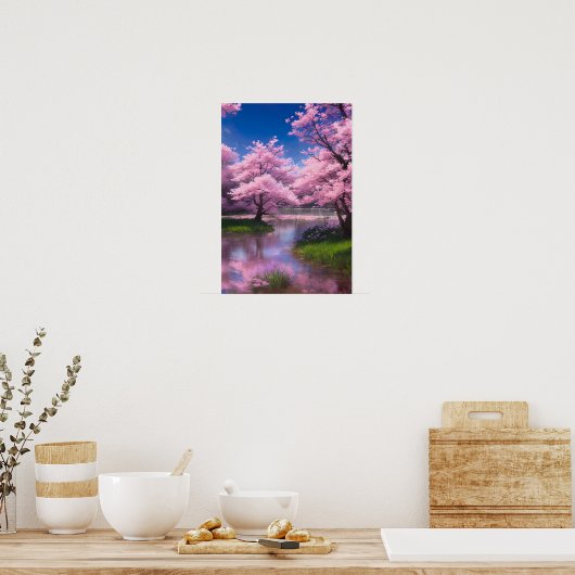 Serene Flow amidst Cherry Blossom Poster (Keuken)