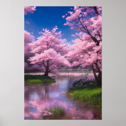 Serene Flow amidst Cherry Blossom Poster (Voorkant)