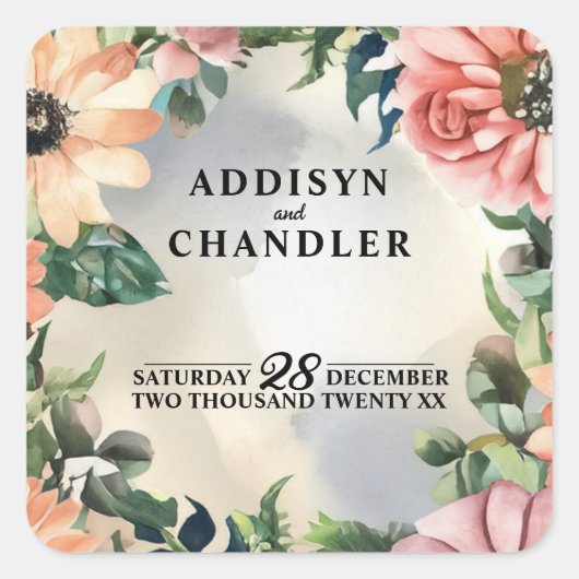 Serene Garden Krans: Pastel Floral Elegance Vierkante Sticker (Voorkant)