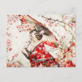 Serene Geisha kat in rode kimono en kersenbloesem Briefkaart