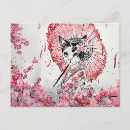 Serene Geisha kat met rode parasol kersenbloesem Briefkaart