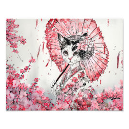 Serene Geisha kat met rode parasol kersenbloesem Foto Afdruk