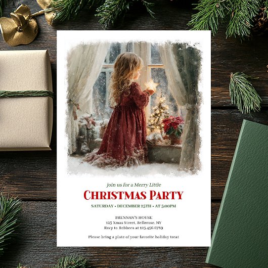 Serene girl awaits Santa editable Christmas invite Kaart