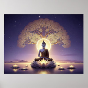 Serene gouden kunstwerk Boeddha in rustige aura Poster