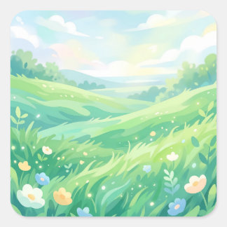 Serene Green Meadow and Spring Flowers Vierkante Sticker