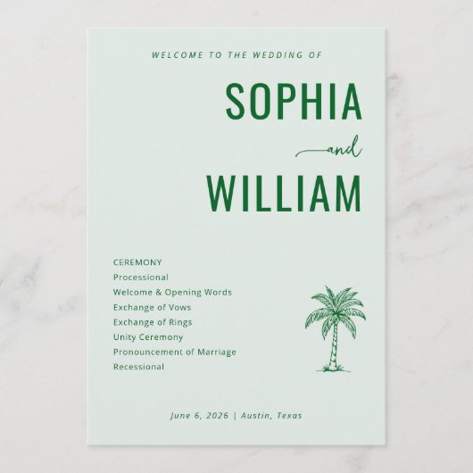 Serene Green Palm Tree Wedding Ceremony Programmakaart (Voorkant)