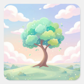 Serene Green Tree and Pastel Clouds Vierkante Sticker