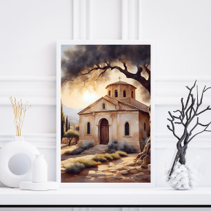 Serene Grieks Kerklandschap Religieus Poster