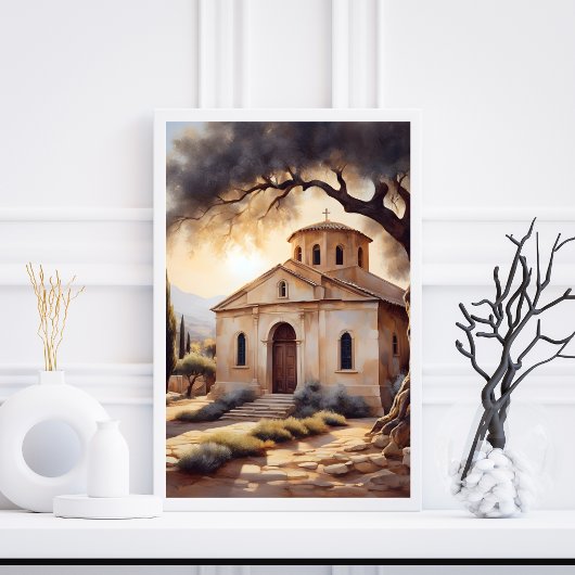 Serene Grieks Kerklandschap Religieus Poster