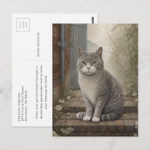 Serene Grijze Kat die zich Ontspant in de Achtertu Briefkaart