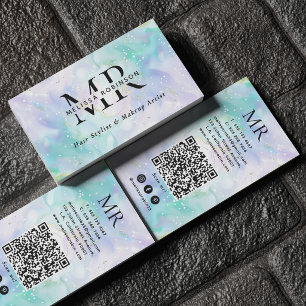 Serene Groen & Paars Alcohol Inkt Monogram QR Code Visitekaartje