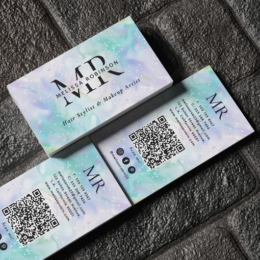 Serene Groen & Paars Alcohol Inkt Monogram QR Code Visitekaartje
