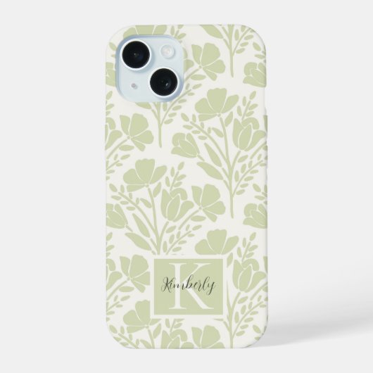 Serene Groene Bloemige Monogram iPhone 15 Case (Achterkant)