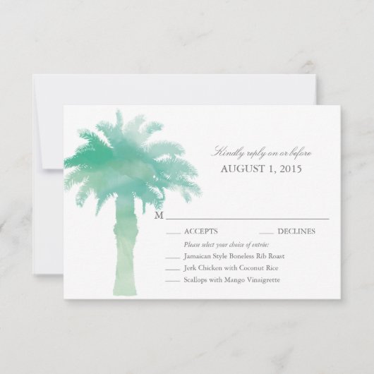 Serene Groene Waterverf Palm Tree Wedding RSVP (Voorkant)