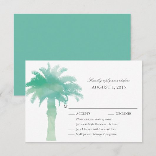Serene Groene Waterverf Palm Tree Wedding RSVP Kaartje (Voorkant / Achterkant)