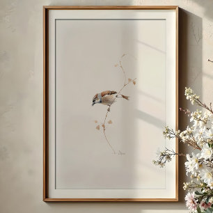Serene House Sparrow Waterverf Art Poster
