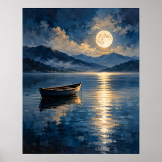 Serene Houten Roeiboot Maanreflectie Poster