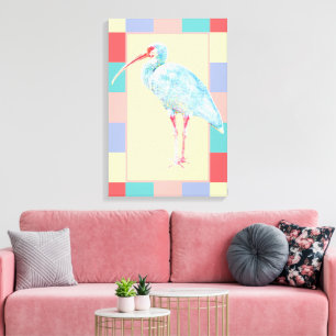 Serene Ibis Bird Coastal Pastel Geruit ontwerp Canvas Afdruk