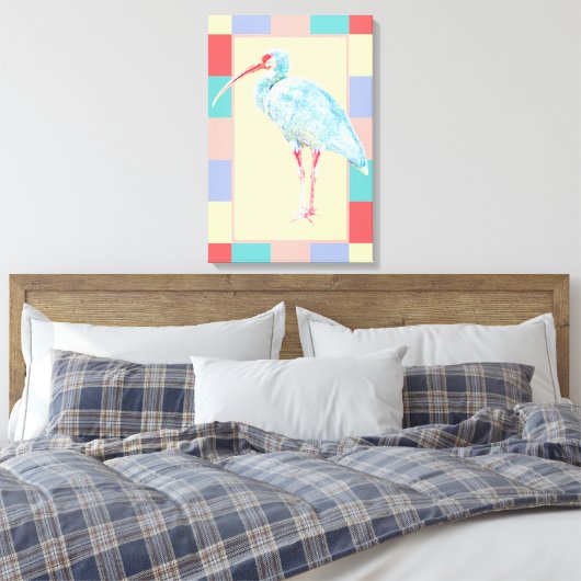 Serene Ibis Bird Coastal Pastel Geruit ontwerp Canvas Afdruk (Insitu (Slaapkamer))