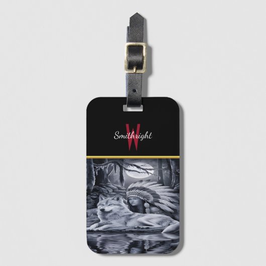 Serene indiaanse vrouw met wolf op Waters Edge Bagagelabel (Voorkant (verticaal))