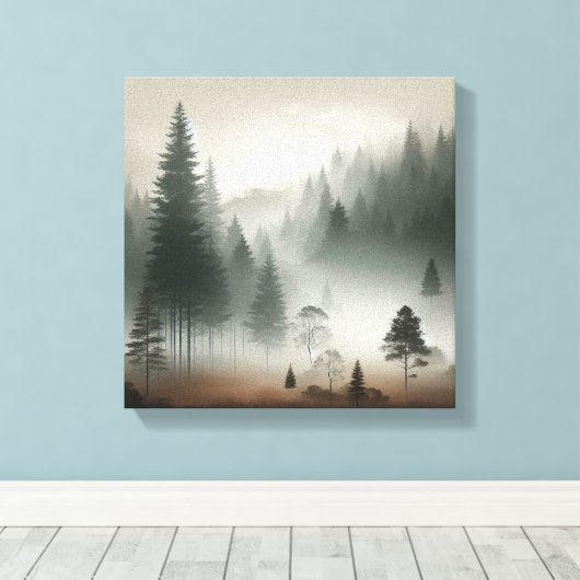 Serene Japandi Foggy Forest Wall Scene Minimal Art Canvas Afdruk (Insitu (Houten vloer))