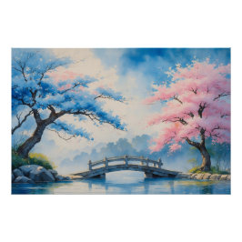 Serene Japanse brug met kersenbloesems Painti Perfect Poster