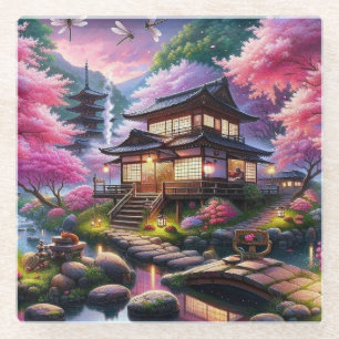 Serene Japanse Tuin bij Dusk Painting Glazen Onderzetter