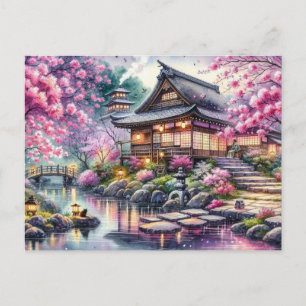 Serene Japanse Tuin bij Twilight Painting Briefkaart