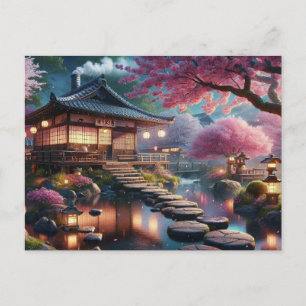 Serene Japanse Tuin bij Twilight Painting Briefkaart