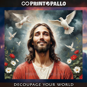 Serene Jezus Christus met duiven lacht je toe Tissuepapier