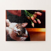 Serene kat en tulpen puzzel (Horizontaal)