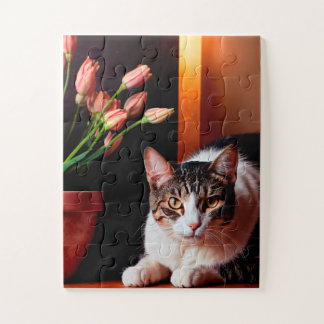 Serene kat en tulpen puzzel