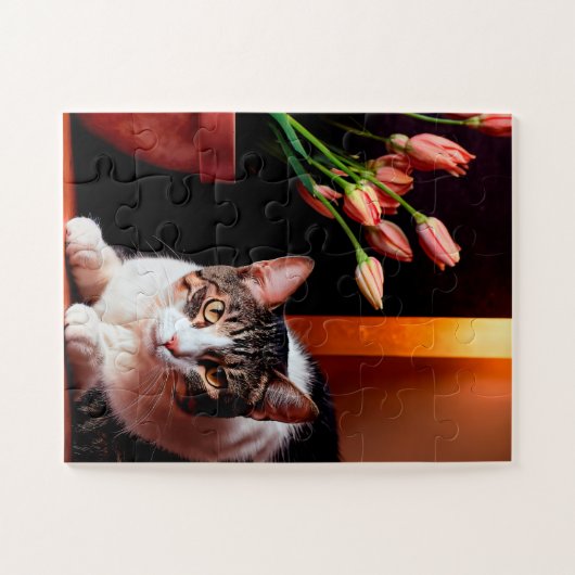 Serene kat en tulpen puzzel legpuzzel (Horizontaal)
