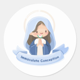 Serene Kawaii Maagd Maria Biddend met Bloem – Wh Ronde Sticker