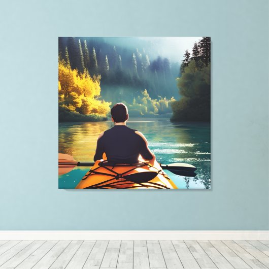 Serene Kayaking Scene | Man in Kajak in Bergen Canvas Afdruk (Insitu (Houten vloer))