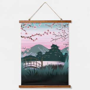 Serene Kersenbloesem Japanse Landschap Verticaal Hangend Wandkleed