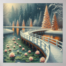 Serene Kerstscène van een Brug over een Vijver Poster
