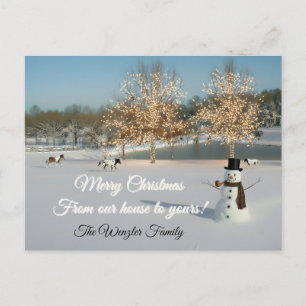 Serene Kerstscène vrolijke sneeuwman Briefkaart