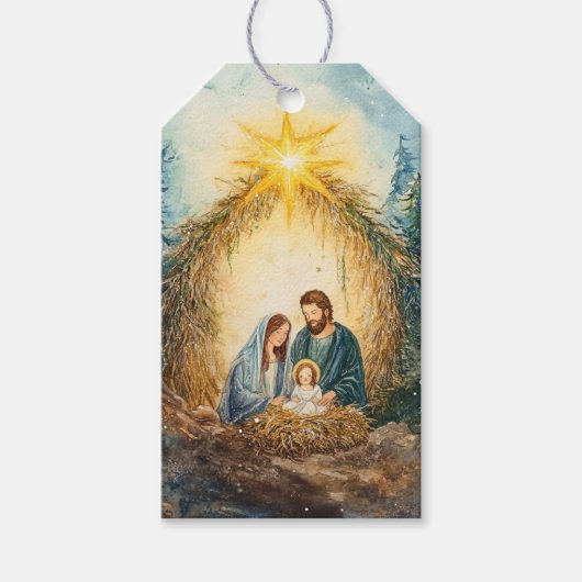 Serene kerststal, warm sterrenlicht cadeaulabel (Voorkant)