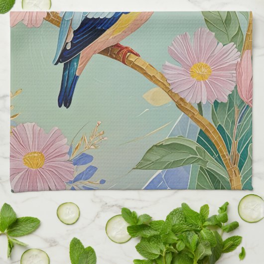 Serene Kingfisher in een bloemenparadijs Theedoek (Gevouwen)